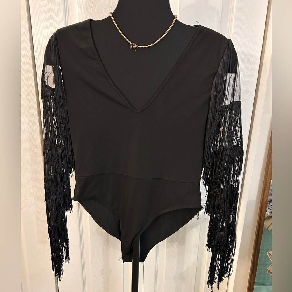 Sheer tassel sleeve body suit